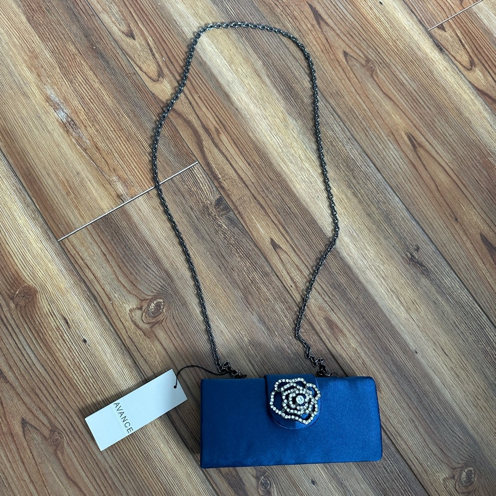 💙 Avance Navy Blue Satin Clutch Crossbody w/ Rhinestone Rose Detail